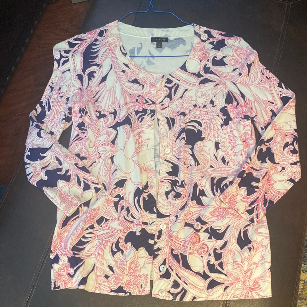 Like New Navy and Pink Floral Beaded Cardigan